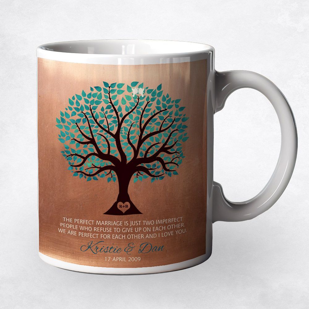 Copper Turquoise Tree 7th Anniversary Coffee Mug Gift for Couple M-1386