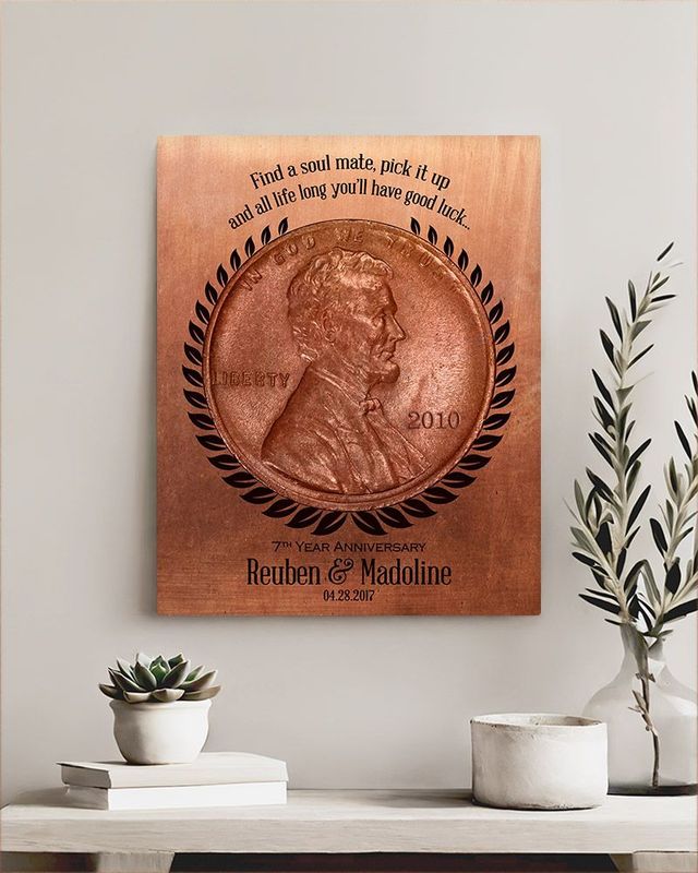 #1 Best Seller - Copper Penny Coin 7th Anniversary Wall Plaque Gift for Couple LTC-1467