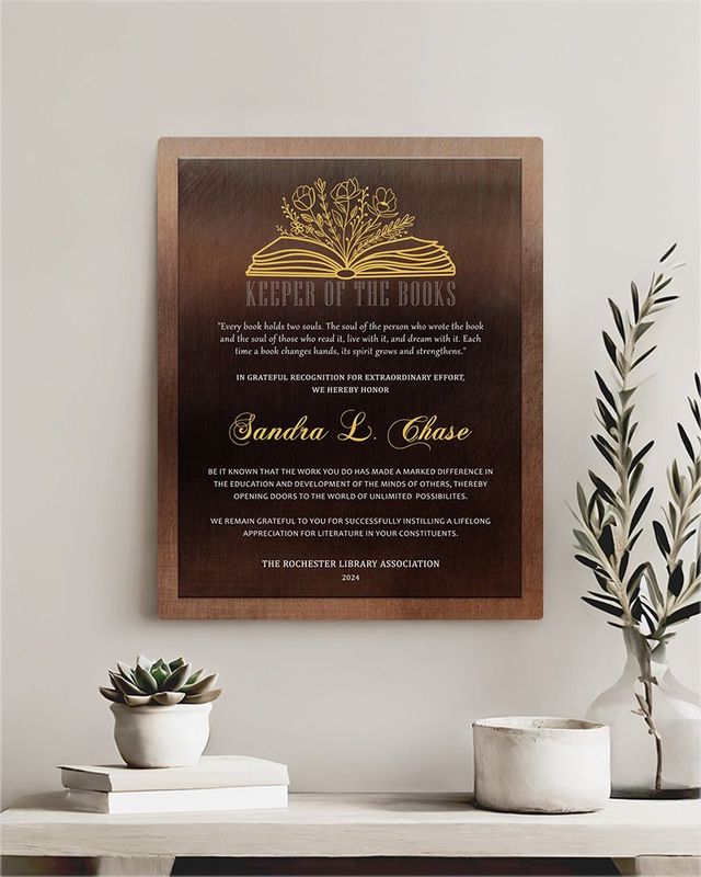 Gold Bronze Open Book with Flowers Recognition Wall Plaque Gift for Librarian LTC-2105