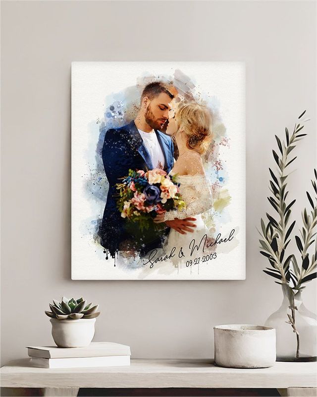 #1 Best Seller - Cotton Watercolor Portrait 2nd Anniversary Wall Plaque Gift for Couple LTC-1839