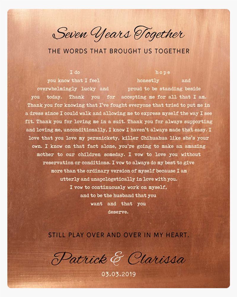 White Copper Heart Shape Song Lyrics 7th Anniversary Wall Plaque Gift for Couple LTC-1785