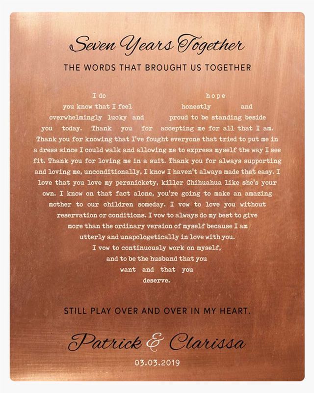 White Copper Heart Shape Song Lyrics 7th Anniversary Wall Plaque Gift for Couple LTC-1785