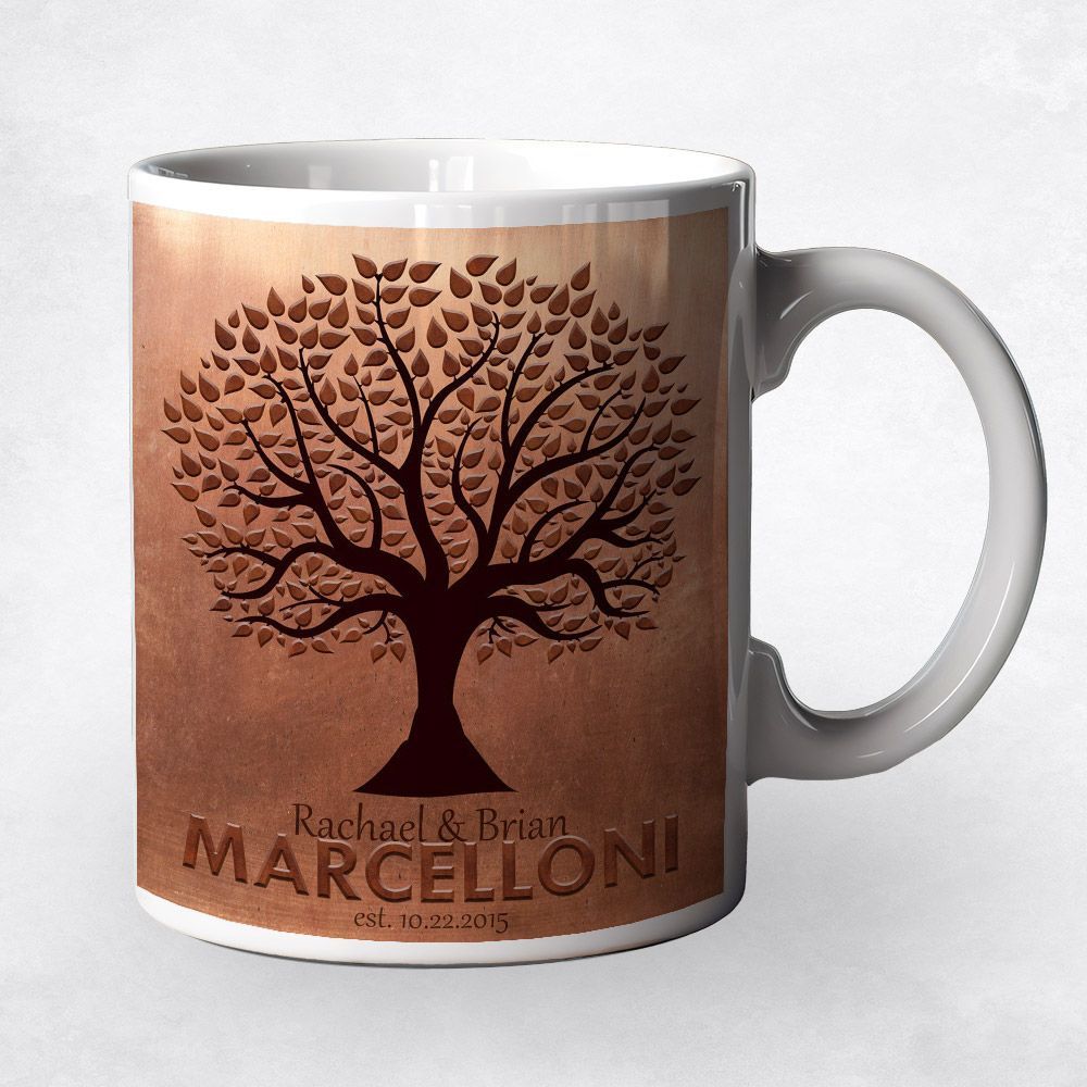Copper Family Name Tree Silhouette 7th Anniversary Coffee Mug Gift for Couple M-1181