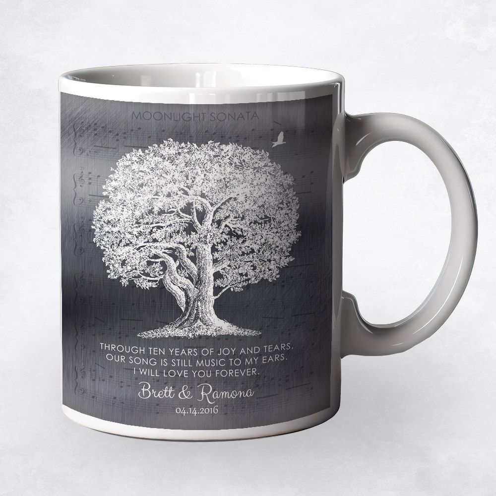Tin Oak Tree and Sheet Music 10th Anniversary Coffee Mug Gift for Couple M-1337