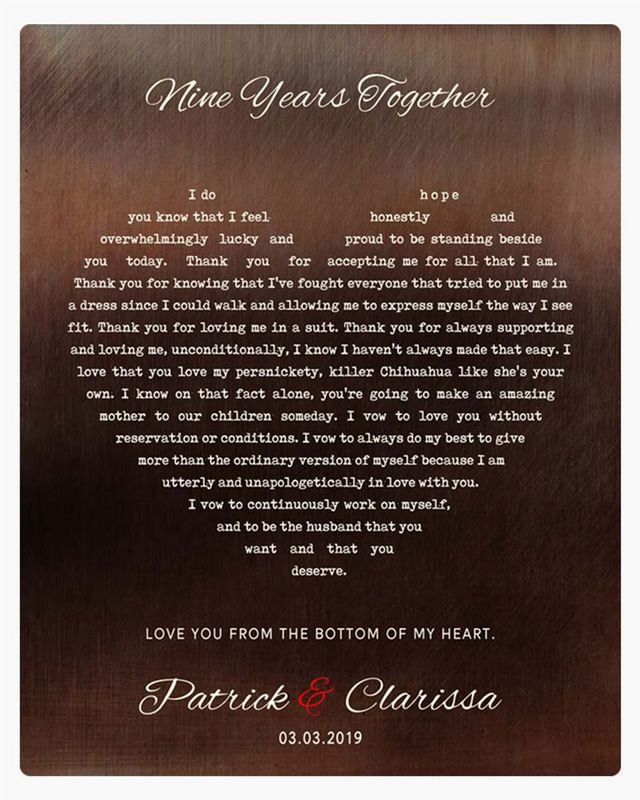 White Bronze Heart Shape Song Lyrics 9th Anniversary Wall Plaque Gift for Couple LTC-1787