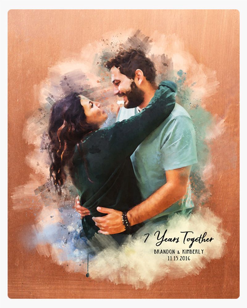 #1 Best Seller - Copper Watercolor Portrait 7th Anniversary Wall Plaque Gift for Couple LTC-1837