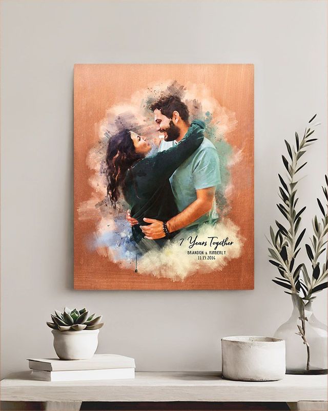 #1 Best Seller - Copper Watercolor Portrait 7th Anniversary Wall Plaque Gift for Couple LTC-1837