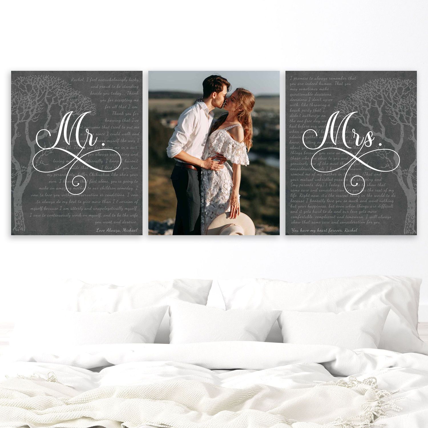 Wedding Vows His And Hers Beside Portrait Of Couple 3 Piece Canvas Set Anniversary Wall Art Gift For Couples Ltc-3803