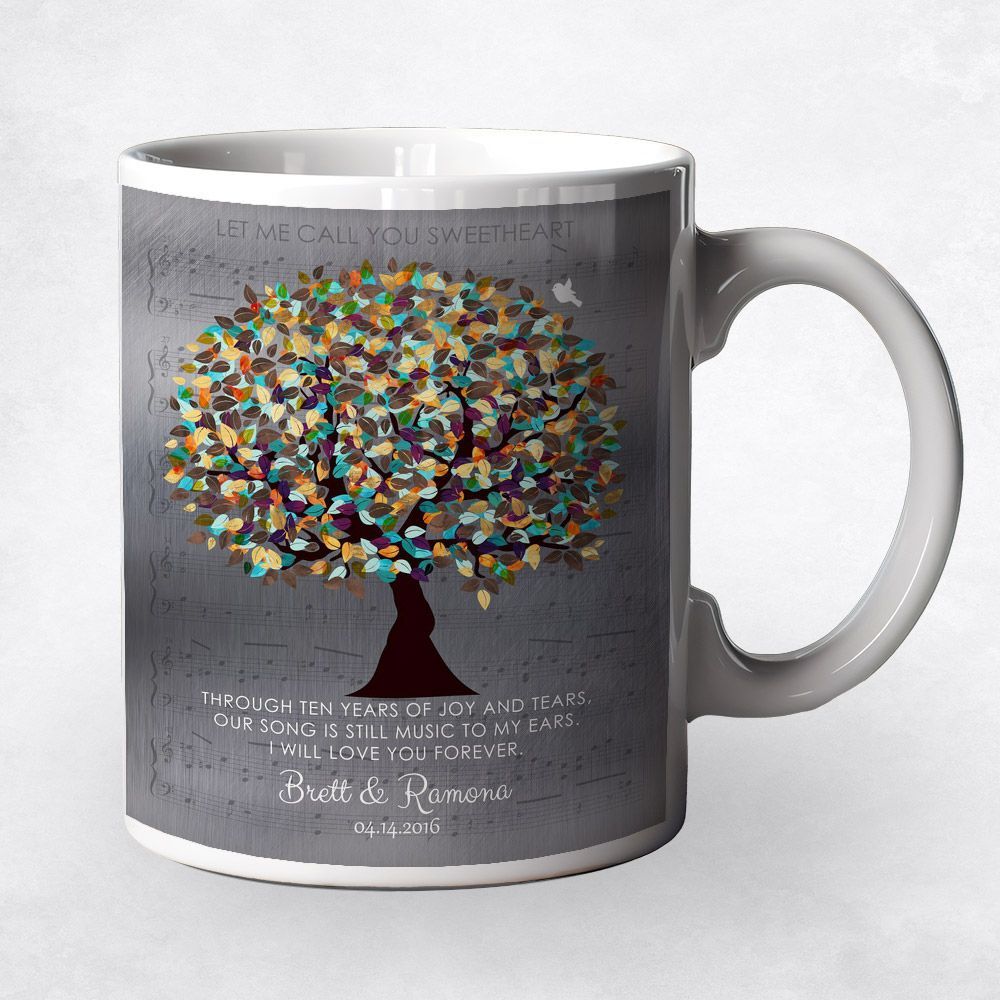 Tin Autumn Tree and Sheet Music 10th Anniversary Coffee Mug Gift for Couple M-1338