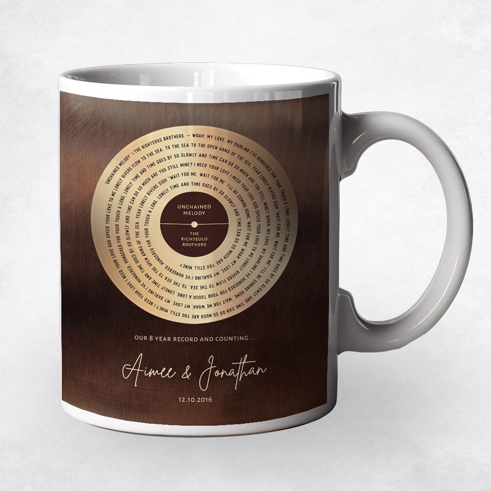 #1 Best Seller - Bronze Our Song Lyrics Record Label 8th Anniversary Coffee Mug Gift for Couple M-1588