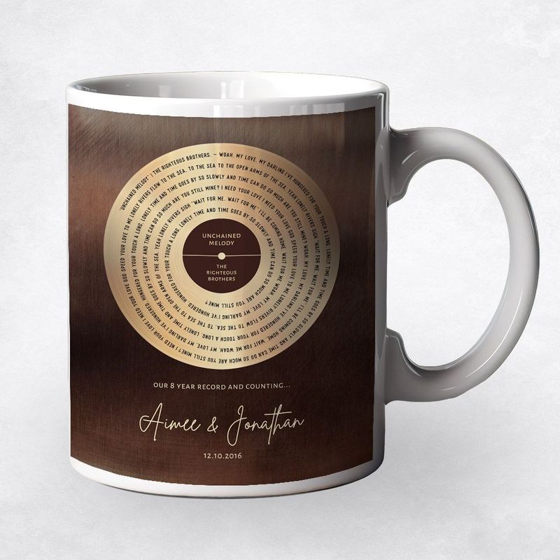 #1 Best Seller - Bronze Our Song Lyrics Record Label 8th Anniversary Coffee Mug Gift for Couple M-1588