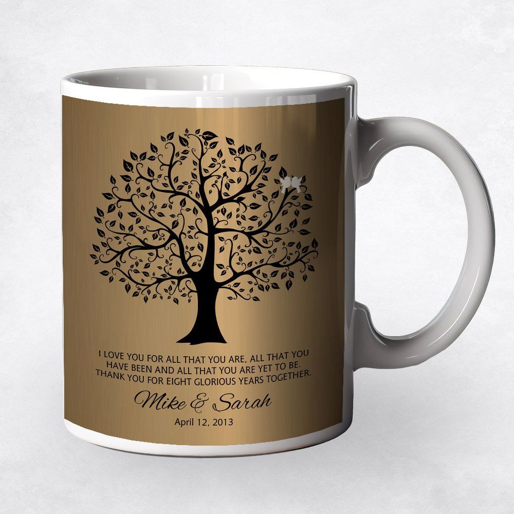 #1 Best Seller - Brass Onyx Curly Tree 8th Anniversary Coffee Mug Gift for Couple M-1378
