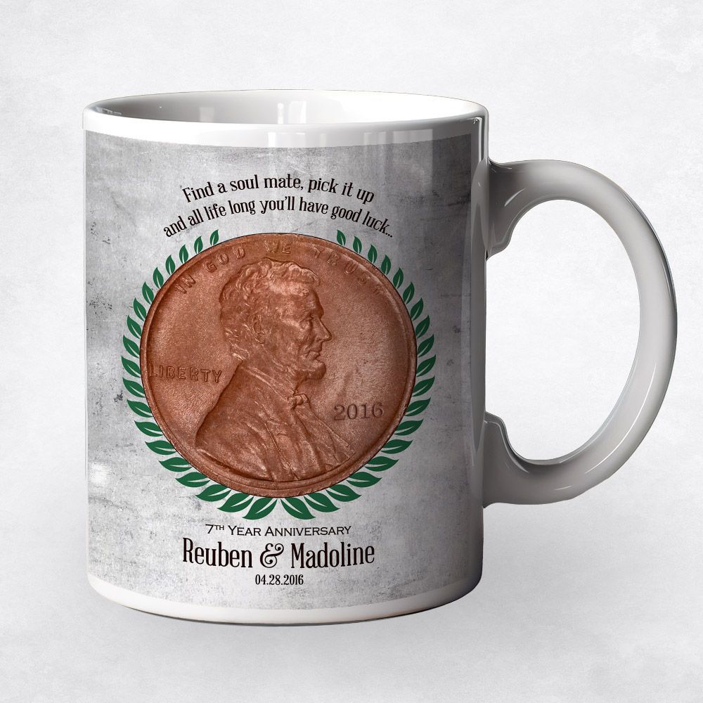 Tarnished Tin, Copper Penny Coin 7th Anniversary Coffee Mug Gift for Couple M-1912