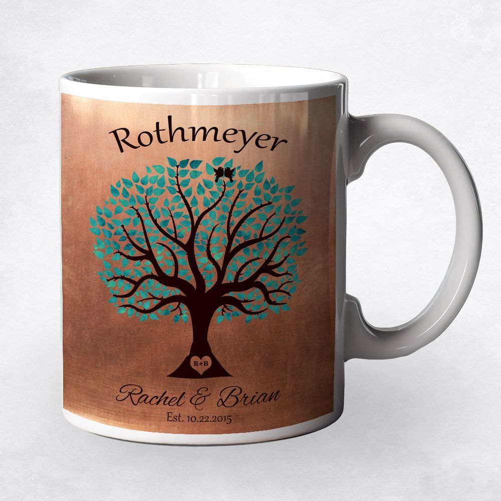 Copper Turquoise Silhouette Tree 7th Anniversary Coffee Mug Gift for Couple M-1377