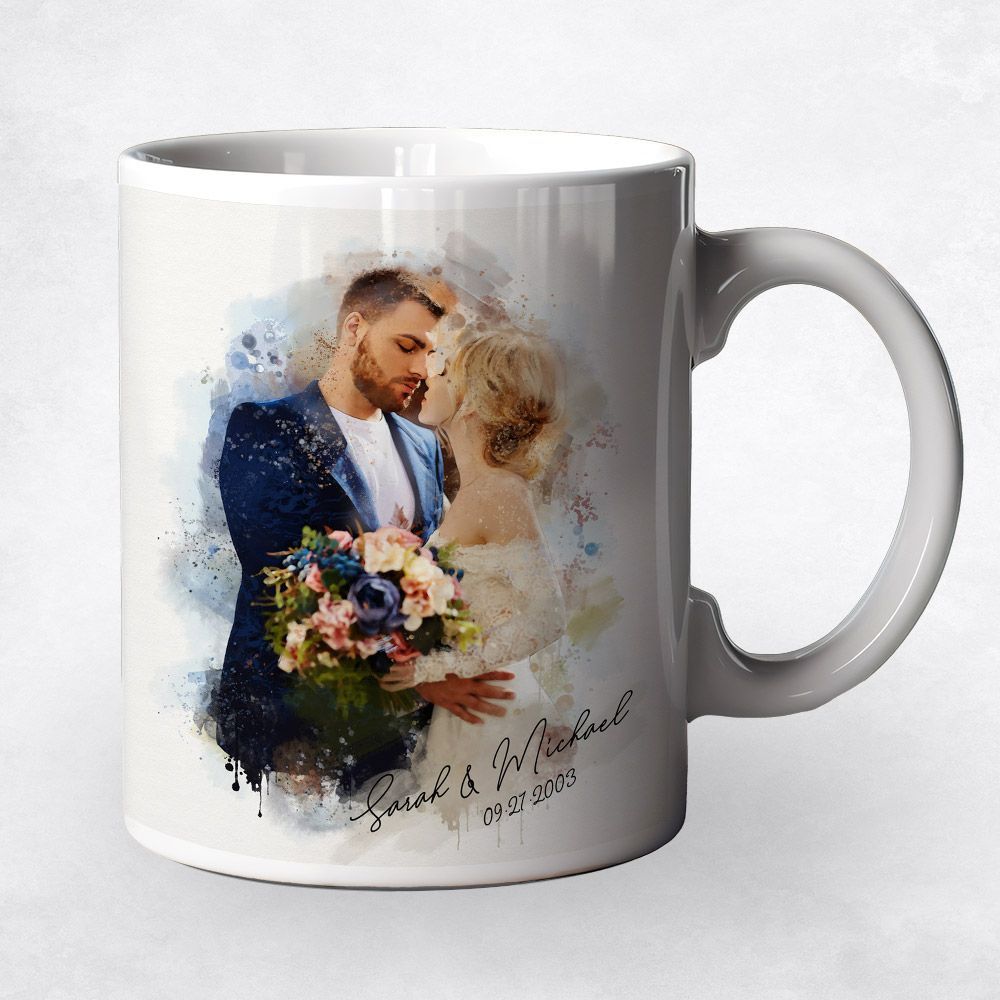#1 Best Seller - Cotton Watercolor Portrait 2nd Anniversary Coffee Mug Gift for Couple M-1839