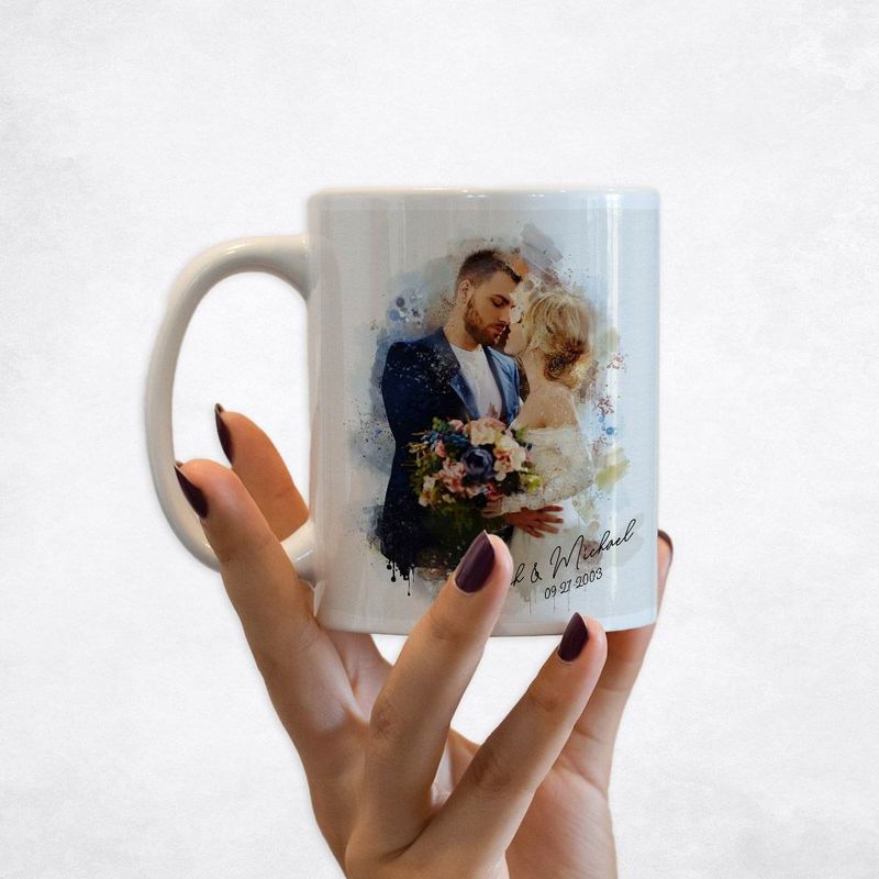 #1 Best Seller - Cotton Watercolor Portrait 2nd Anniversary Coffee Mug Gift for Couple M-1839