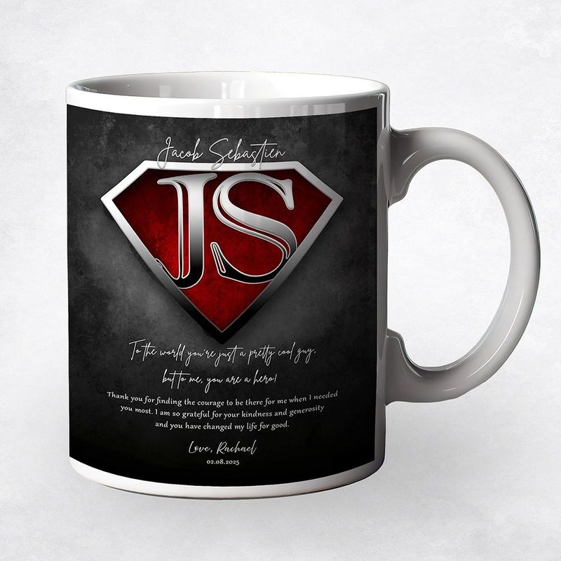 #1 Best Seller - Super Hero Initials in Shield Gratitude Coffee Mug Gift for Hero M-2145