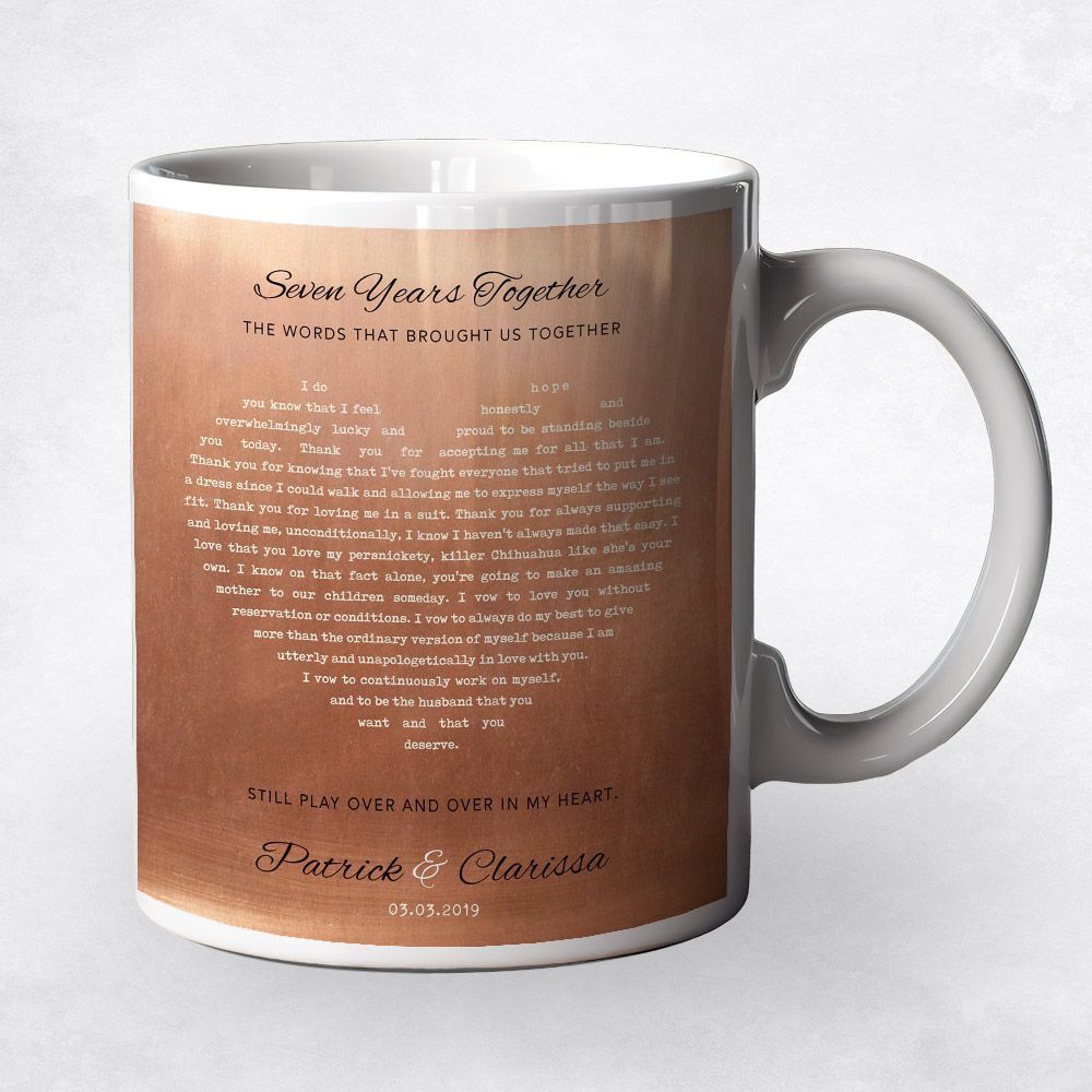 Copper Heart Shape Song Lyrics 7th Anniversary Coffee Mug Gift for Couple M-1785