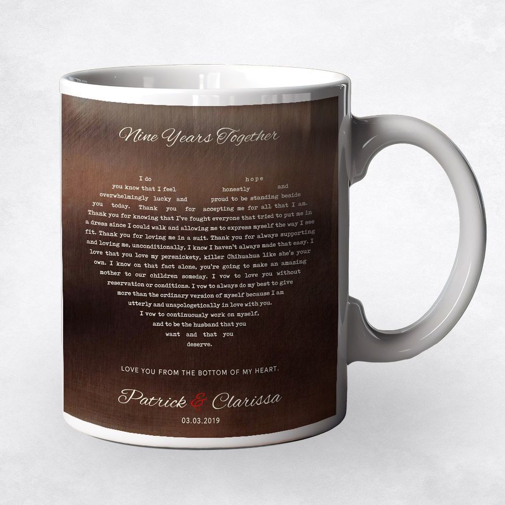 Bronze Heart Shape Song Lyrics 9th Anniversary Coffee Mug Gift for Couple M-1787