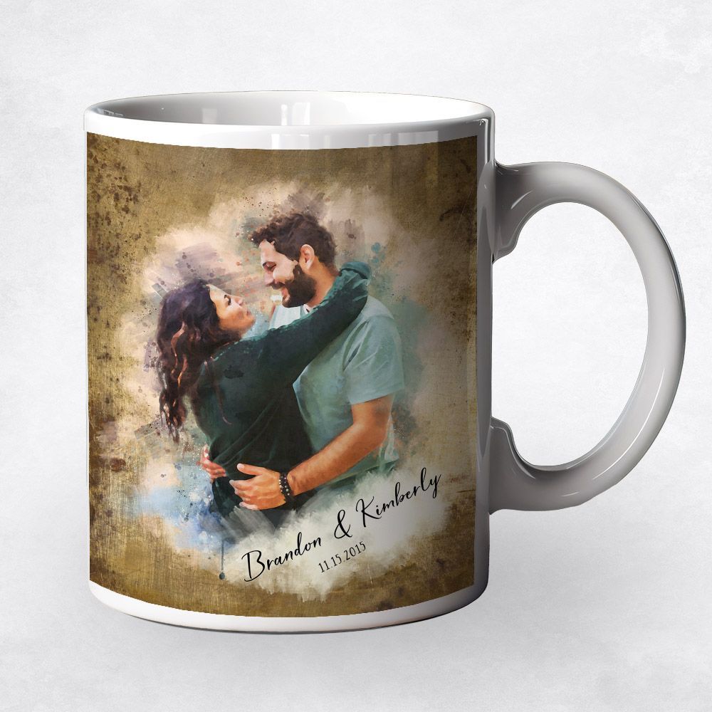 Brass Watercolor Portrait 8th Anniversary Coffee Mug Gift for Couple M-1848
