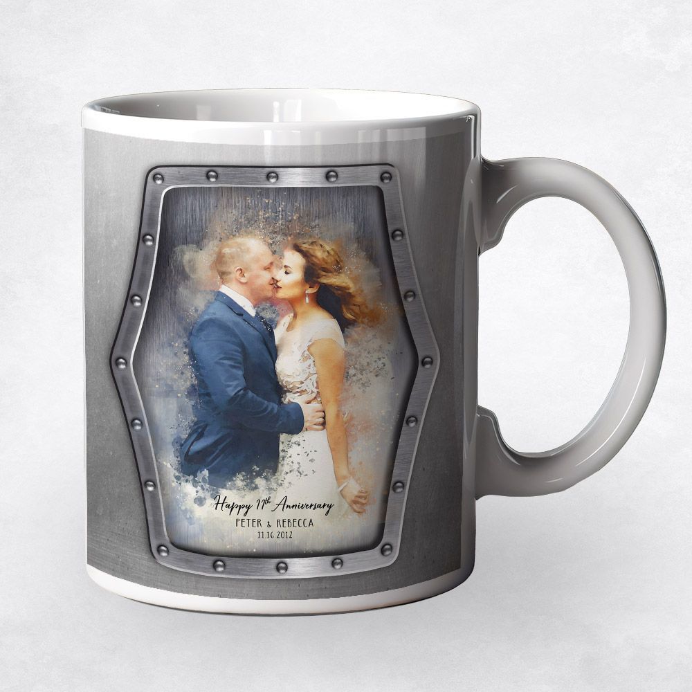 Steel Watercolor Portrait 11th Anniversary Coffee Mug Gift for Couple M-1838