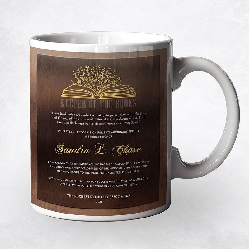 Bronze Open Book with Flowers Recognition Coffee Mug Gift for Librarian M-2105