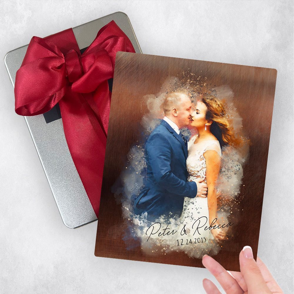 Bronze Watercolor Portrait 8th Anniversary Gift Delivery Box Gift for Couple TOY-1845