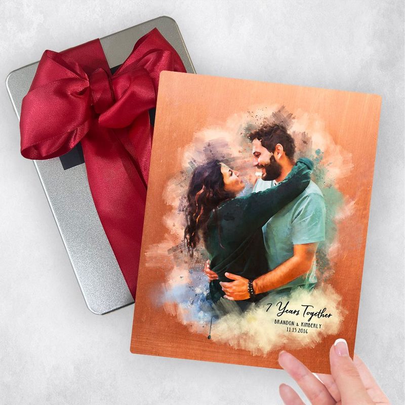 #1 Best Seller - Copper Watercolor Portrait 7th Anniversary Gift Delivery Box Gift for Couple TOY-1837