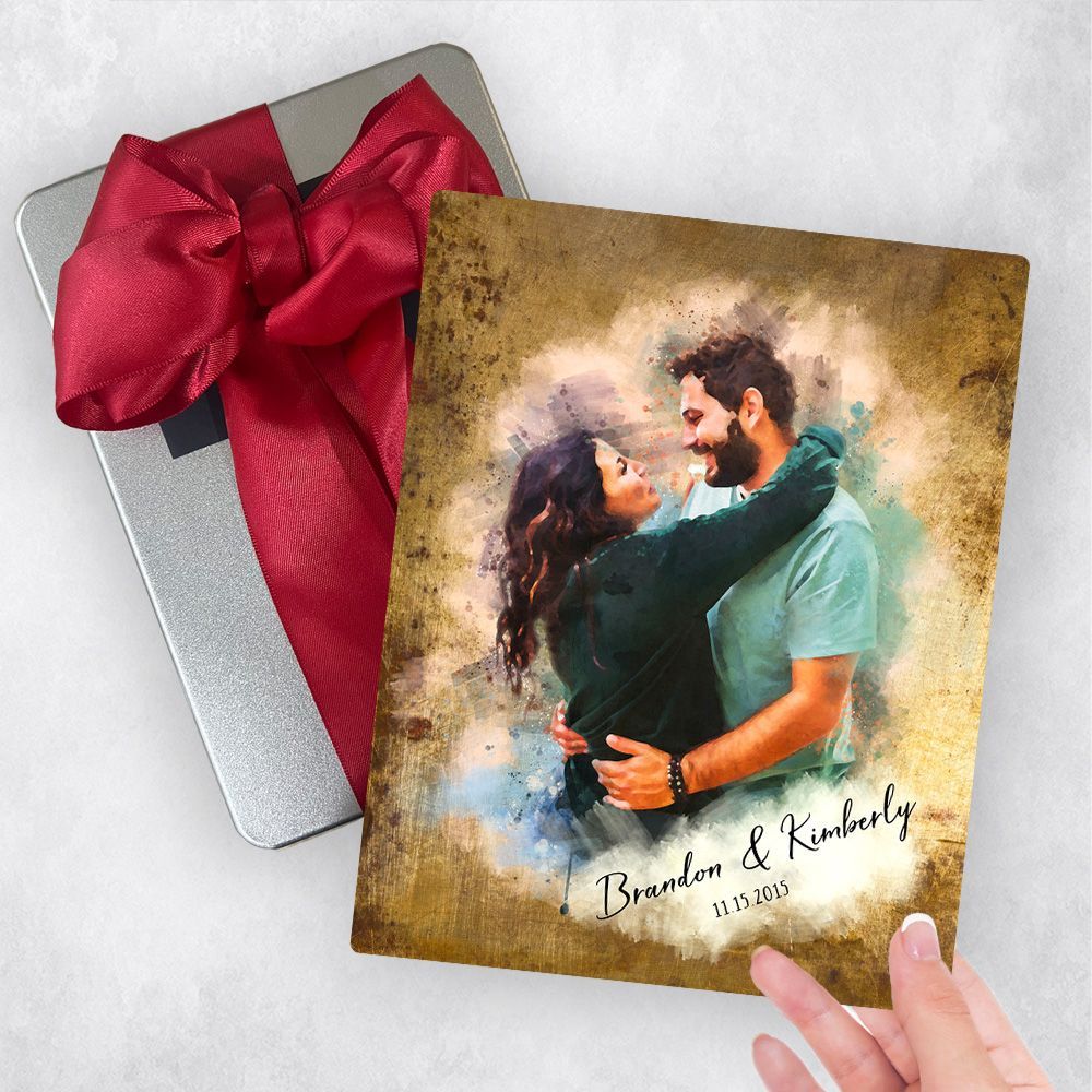 Brass Watercolor Portrait 8th Anniversary Gift Delivery Box Gift for Couple TOY-1848