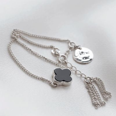 ISLAND SOUL Clover Tassel Bracelet with Black Onyx, Silver 925