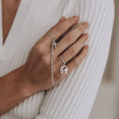 ISLAND SOUL Rock It Globe and Jet | Airplane Double Ring with Pendants, Silver 925