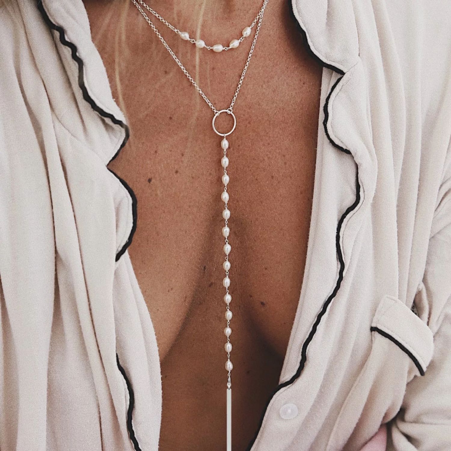 ISLAND SOUL Double Necklace with White Pearls and Silver Plate, Silver 925