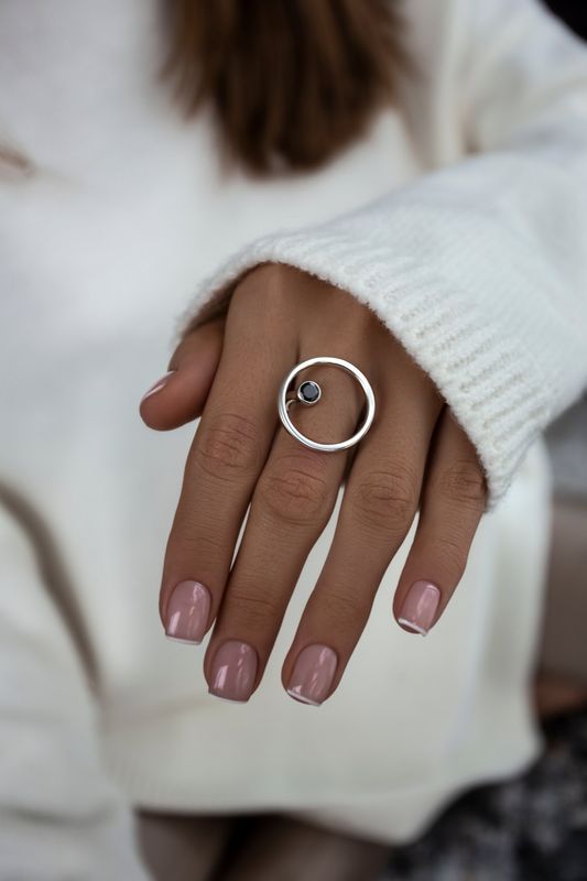 ISLAND SOUL Sphere Ring with Black Zircon, Silver 925