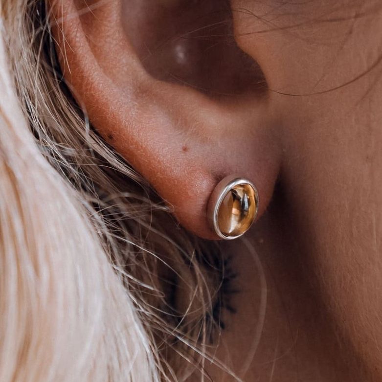 ISLAND SOUL Stud Earrings with Oval Citrine in Cabochon Cut, Silver 925