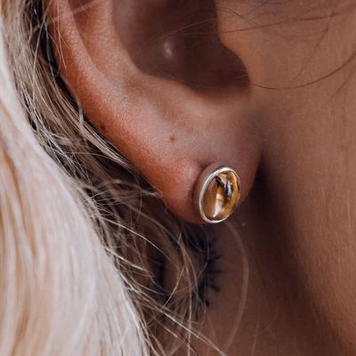 ISLAND SOUL Stud Earrings with Oval Citrine in Cabochon Cut, Silver 925