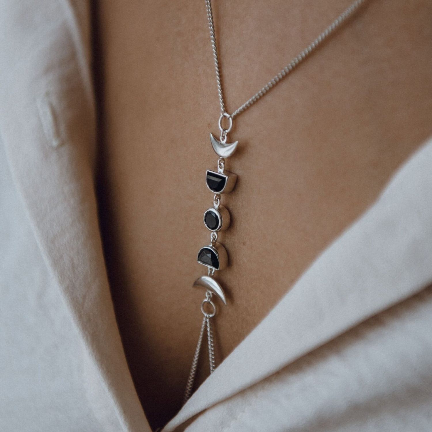 ISLAND SOUL Moon Cycle Bodychain with Black Spinel, Silver 925