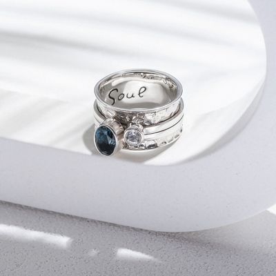 ISLAND SOUL Mechanism Ring with Oval London Topaz and Round White Topaz, Silver 925