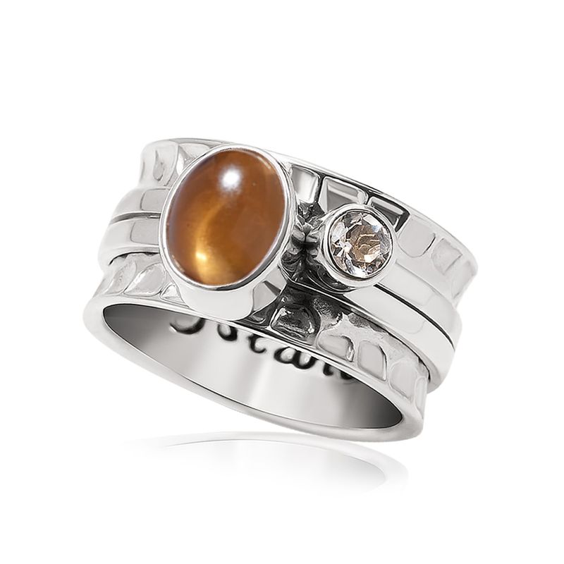 ISLAND SOUL Mechanism Ring with Oval Cabochon Citrine and Round White Topaz, Silver 925
