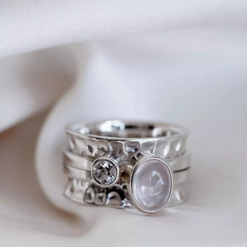 ISLAND SOUL Mechanism Ring with Oval Rose Quartz and Round White Topaz, Silver 925