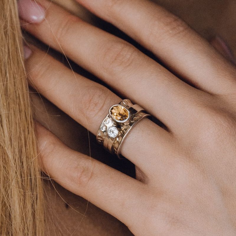 ISLAND SOUL Mechanism Ring with Oval Facet Citrine and Round White Topaz, Silver 925