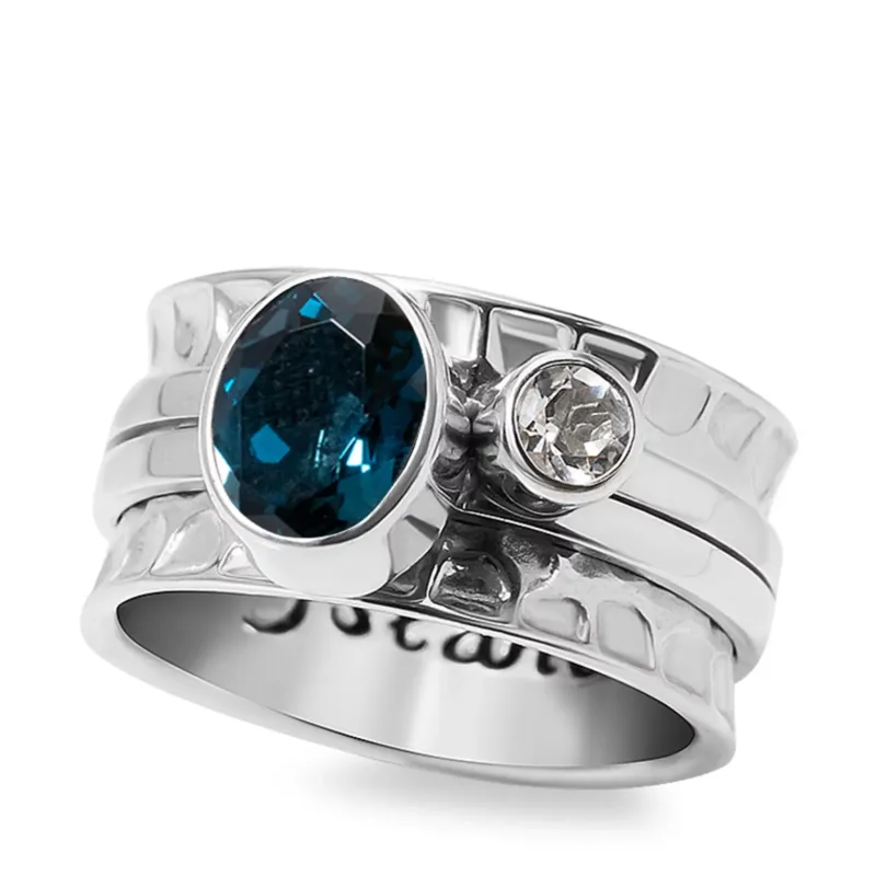 ISLAND SOUL Mechanism Ring with Oval London Topaz and Round White Topaz, Silver 925