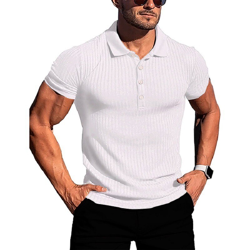 Men&#39;s Summer Sports Fitness Leisure Elastic Vertical Short Sleeve Polo Shirt Men, Color: White, Size: M
