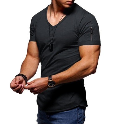 Men&#39;s Short Sleeve Wind V-neck T-shirt Men&#39;s Solid Color Slim Base Shirt