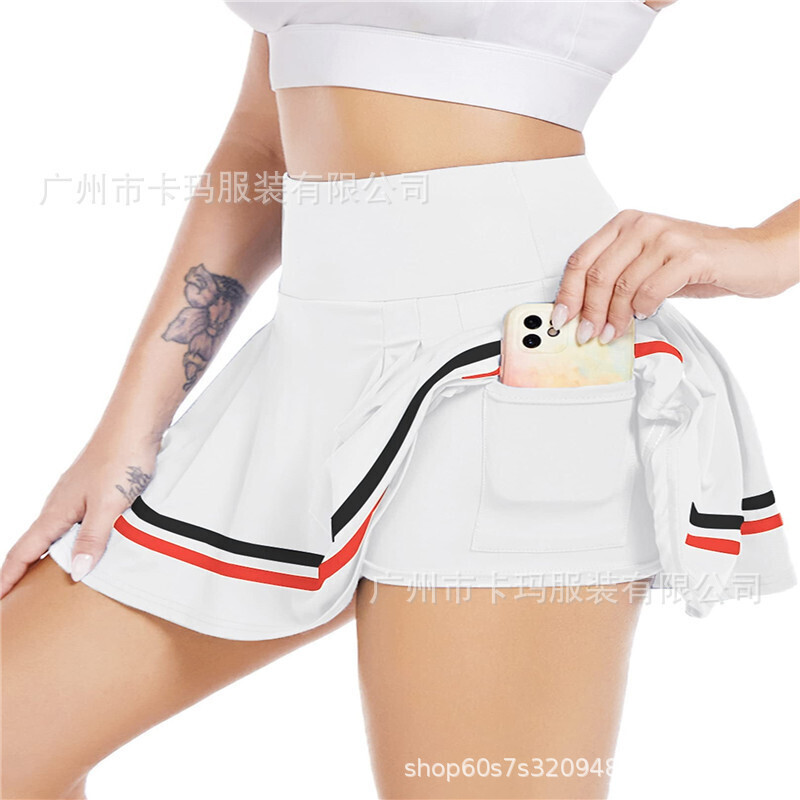 Two-piece High Waist Anti-light Yoga And Tennis Skirt With Pocket, Color: White and red strips, Size: Xs