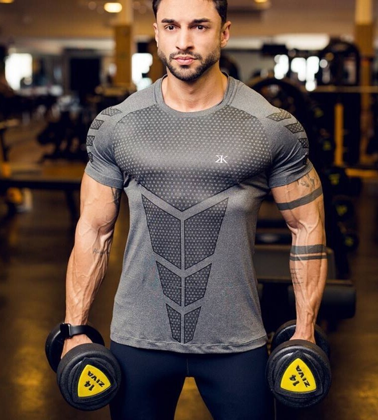 Men&#39;s Muscles Fitness Honeycomb Printed Tight-Fit Trendy Brand Sportswear, Size: M, Color: Grey