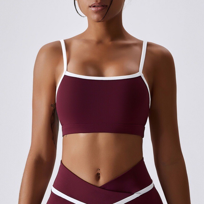 Women&#39;s Two-piece Stitching Contrast Color Gathered Fitness Bra High Waist Hip Yoga Suit, Color: Retro red bra, Size: S/8