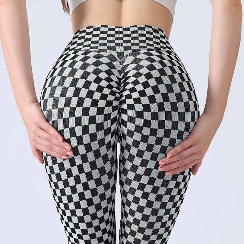 High Waist Belly Tight High Elastic Fitness Pants Seamless Pair Yoga Pants, Color: Black and white plaid, Size: S
