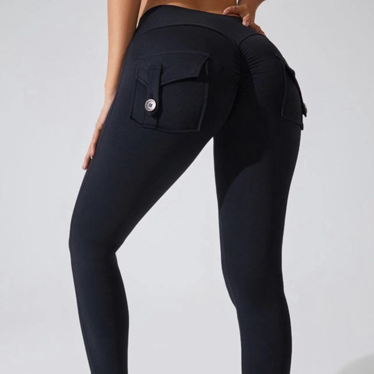 Workwear Pocket Pants Fitness Sports Pants High Waist Hip Yoga Tight Pants, Color: Black, Size: S