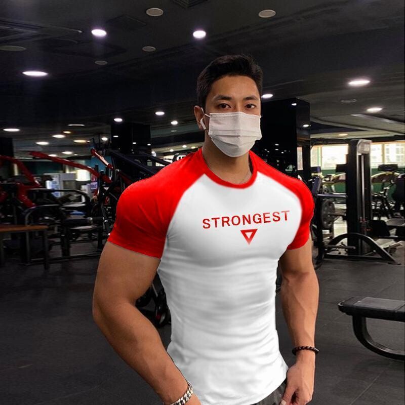 Fitness Short-sleeved Men&#39;s Training Elastic Round Neck, Size: M, Color: White with red