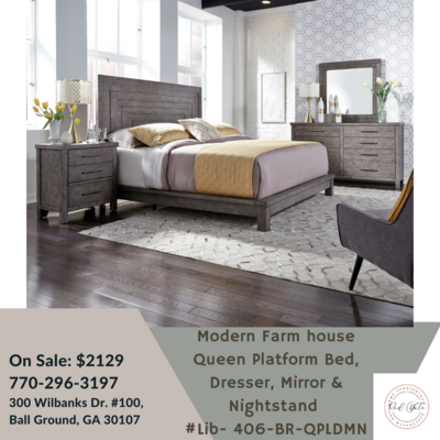 Modern Farm house Queen Platform Bed, Dresser, Mirror &amp; Nightstand